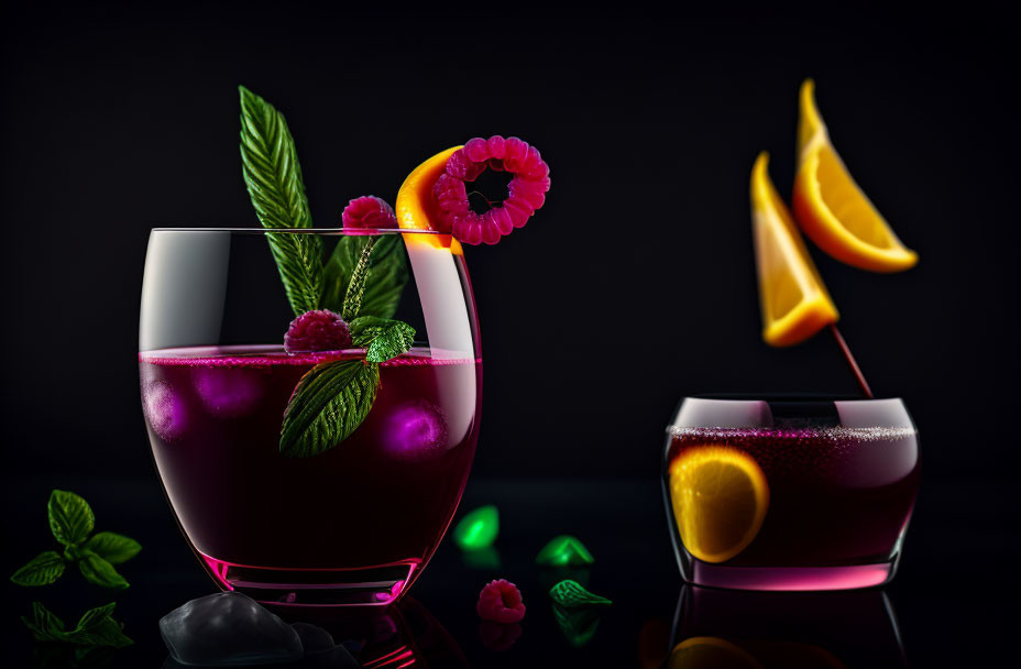 Red beverage glasses with mint, raspberries, and citrus slice on dark background