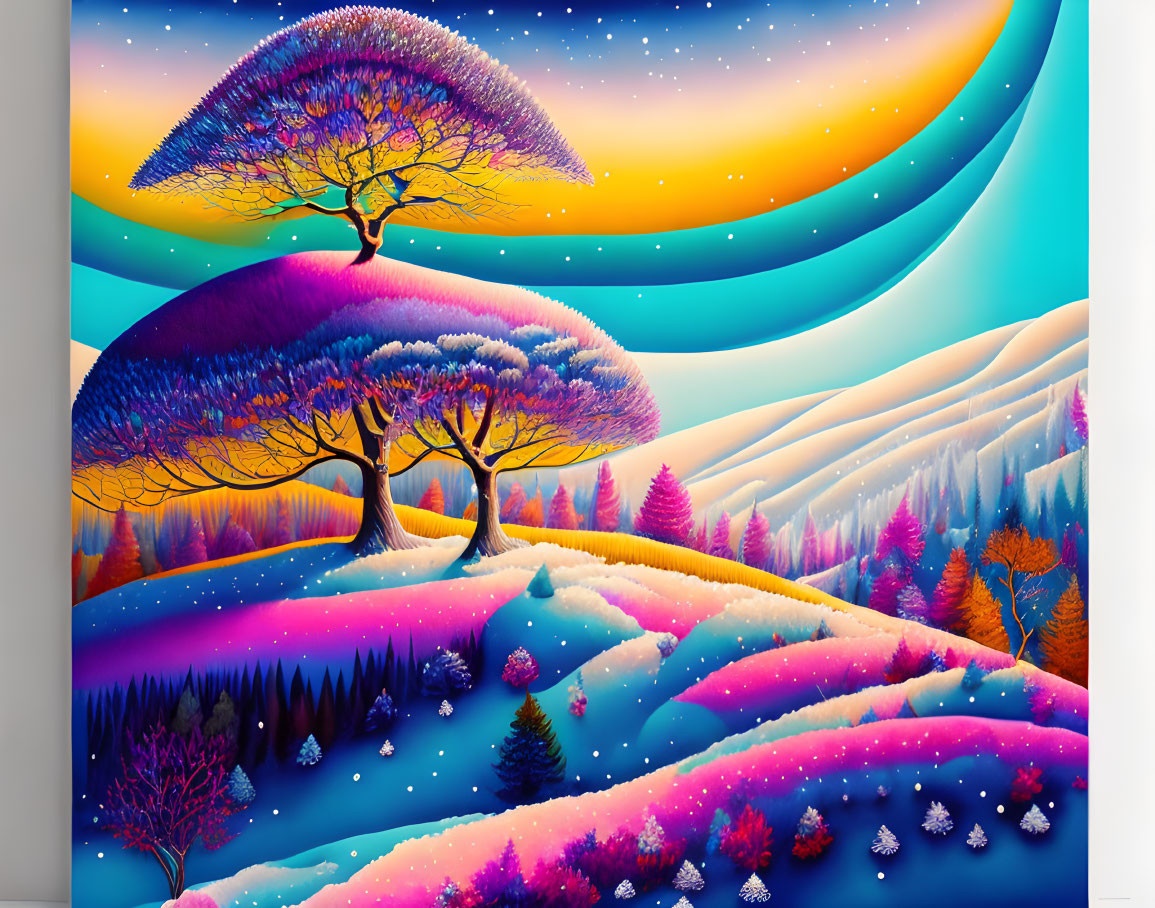 Colorful Whimsical Landscape with Oversized Trees and Snowy Foliage