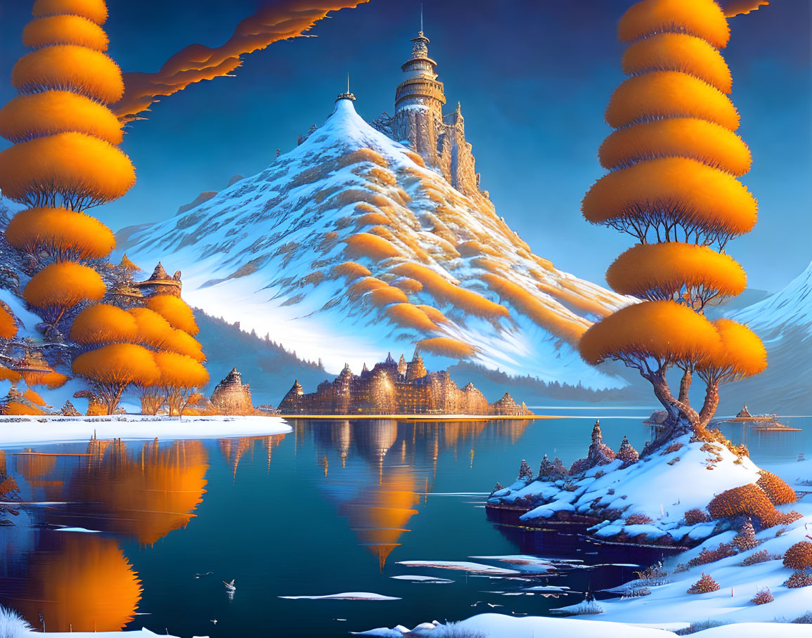 Snow-covered mountain, ornate tower, spiral trees, serene lake in fantasy landscape