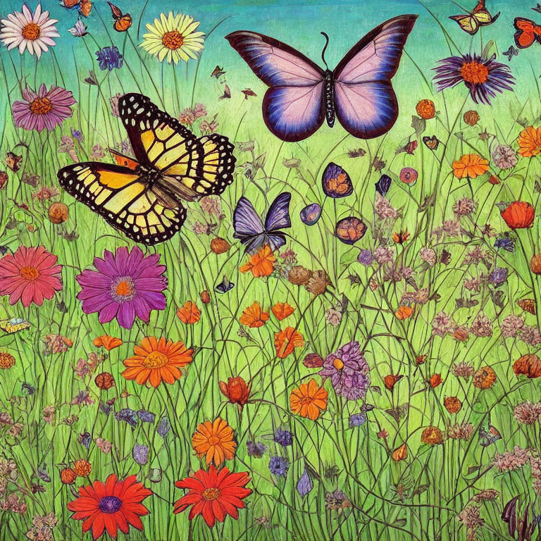 Colorful wildflower meadow with fluttering butterflies & textured backdrop