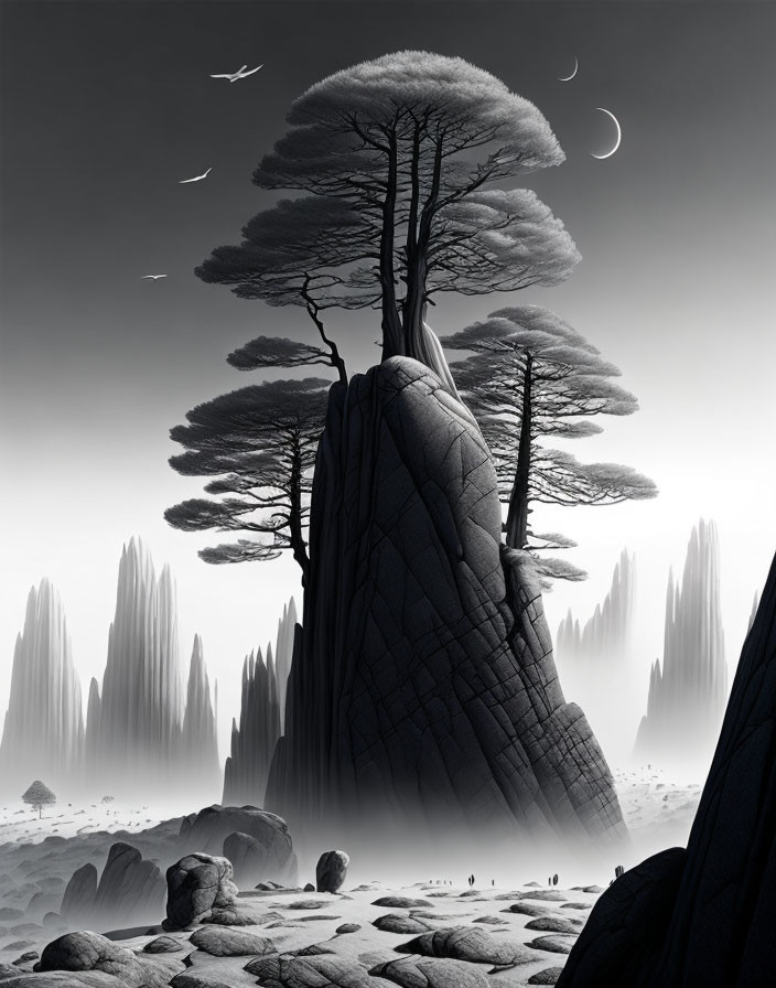 Monochrome surreal landscape with tree, rock, spires, birds, moon, and clouds