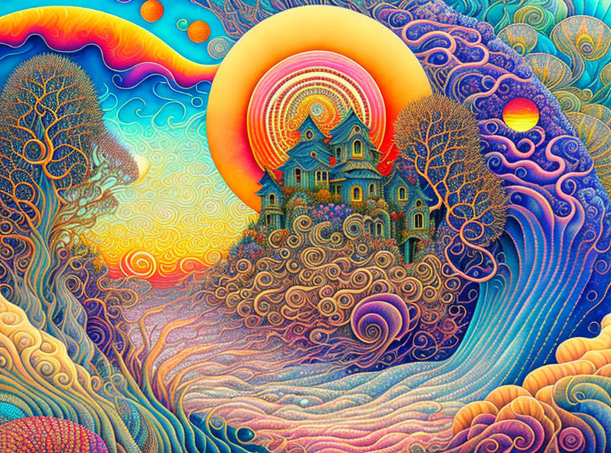 Colorful psychedelic landscape with house, swirling patterns, sunset backdrop, and stylized trees.