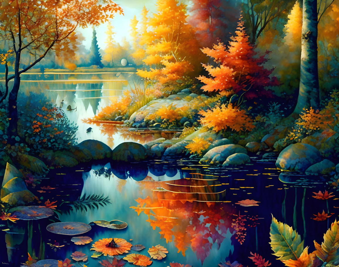 Tranquil autumn landscape with vibrant trees and lake reflection