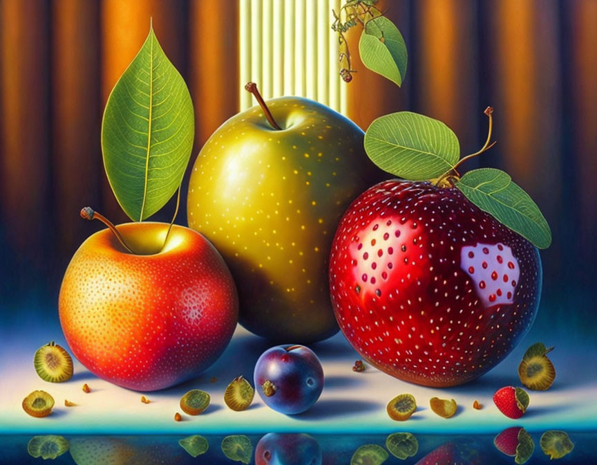 Hyper-realistic oversized fruits: red apple, green apple, strawberry, with small fruits and nuts on