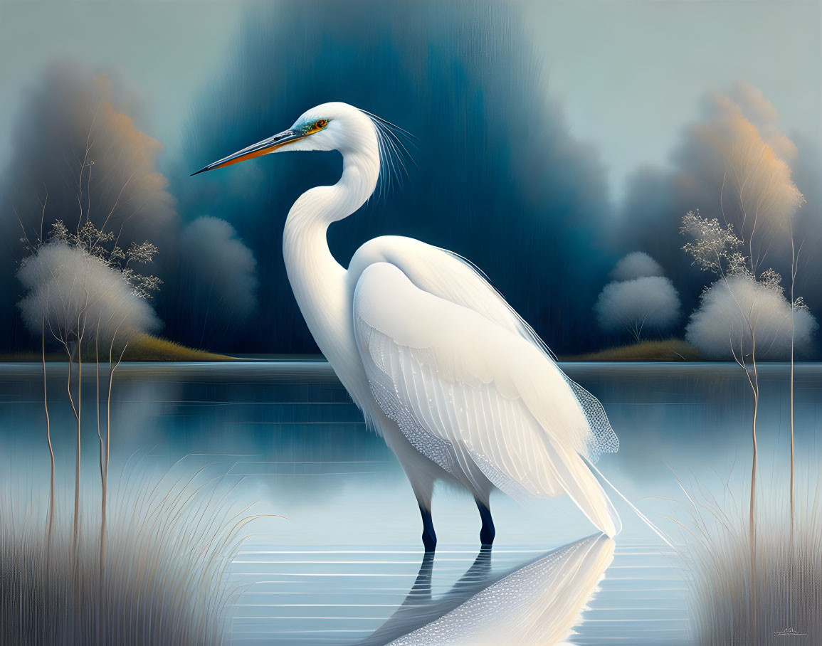 White Egret by Calm Blue Lake: Serene Illustration with Misty Forest Backdrop