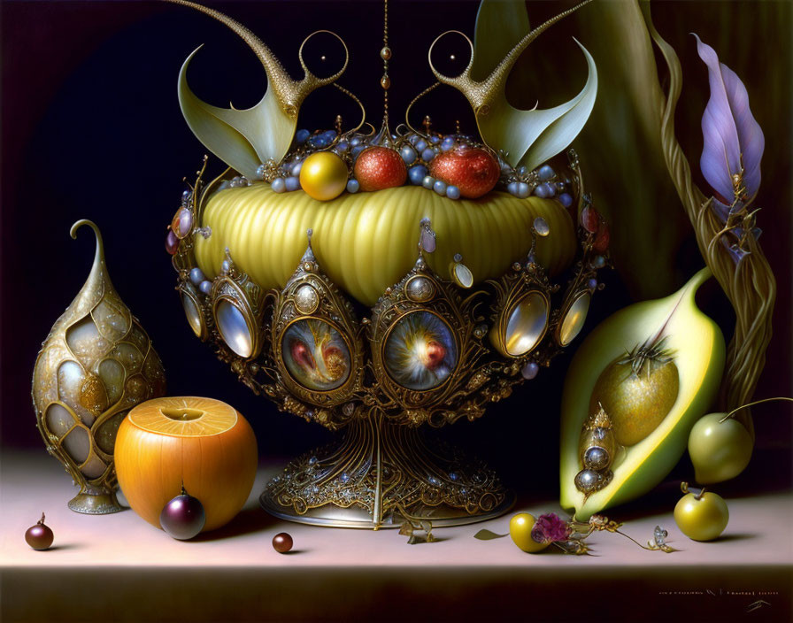 Baroque golden bowl with surreal elements and fruit details.