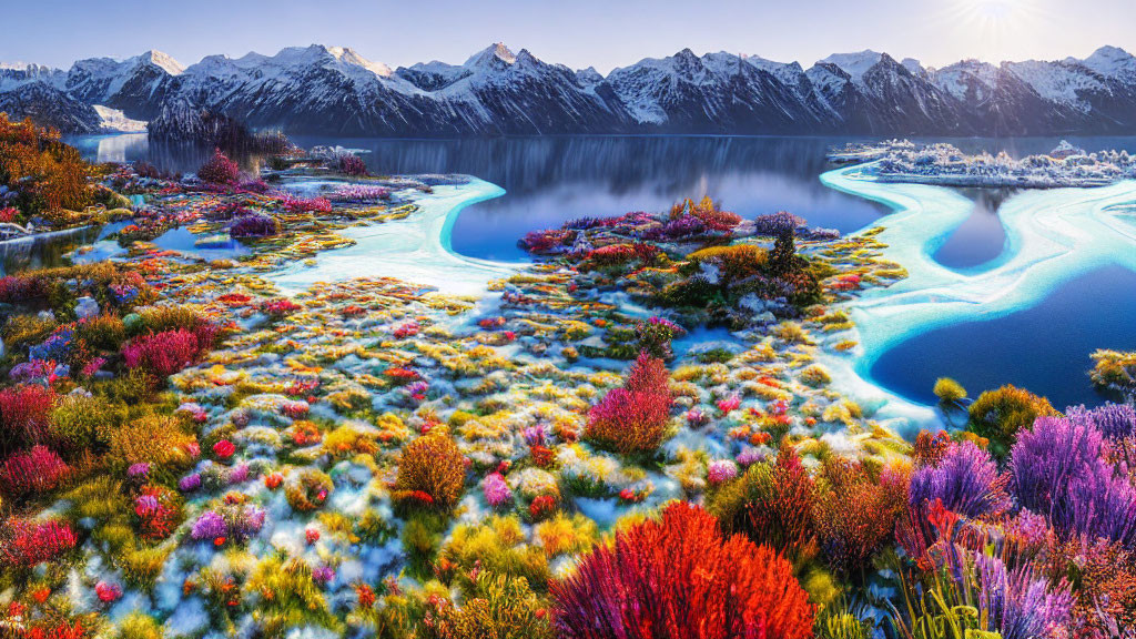 Colorful Meadow with Blue River, Snow-Capped Mountains, and Fog