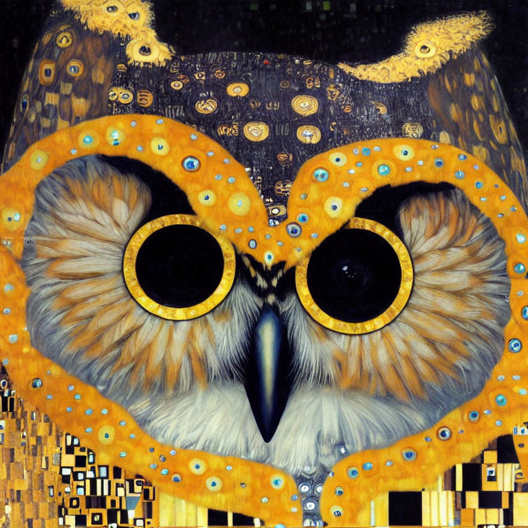 Captivating owl with large eyes against heart-shaped pattern on textured background