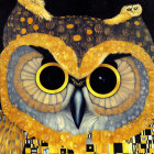 Captivating owl with large eyes against heart-shaped pattern on textured background