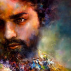 Colorful impressionistic painting: Bearded man's face with flower petals.