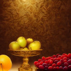 Ornate golden vessels with vibrant fruits on dark backdrop