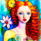 Colorful illustration: Woman with red hair and floral crown, blue eyes