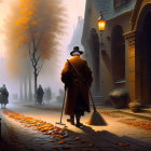 Person with broom on foggy autumn street with trees and distant figure