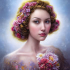 Portrait of Woman with Floral Hair and Bees in Ethereal Setting