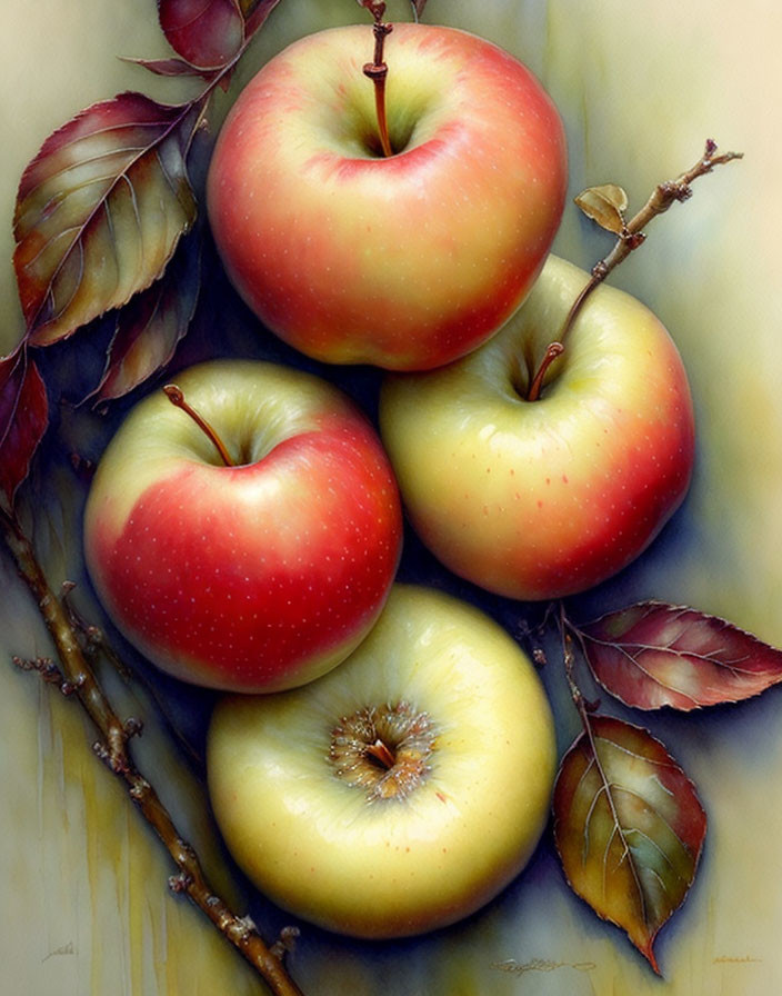 Ripe red and yellow apples on branches against yellow backdrop