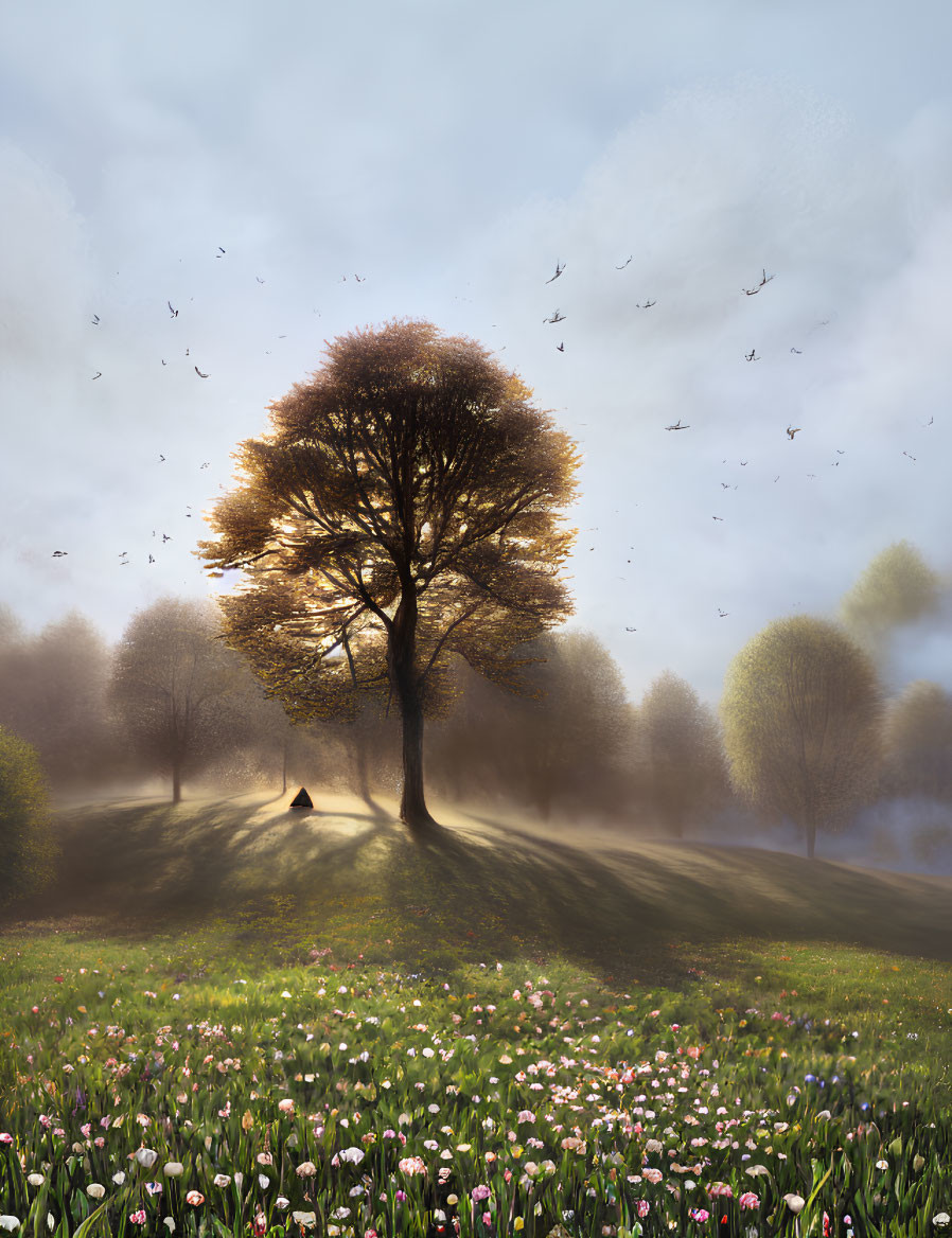 Golden lone tree in misty field with colorful flowers and flying birds