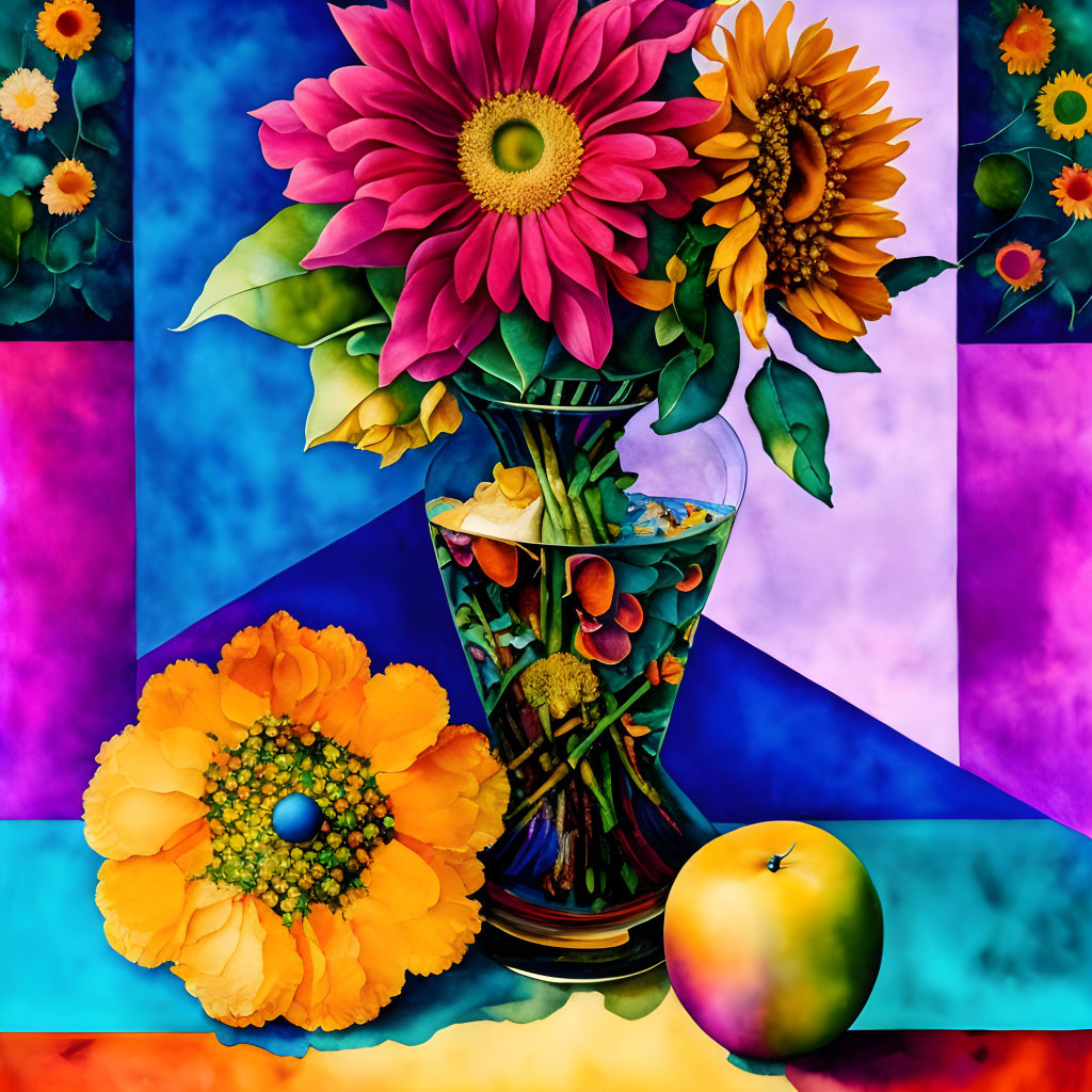 Colorful still life painting with sunflowers, orange flower, and apple on geometric background