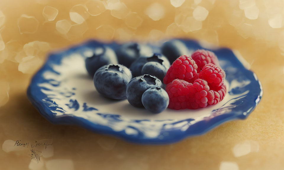 Ripe Blueberries and Raspberries on Blue Plate