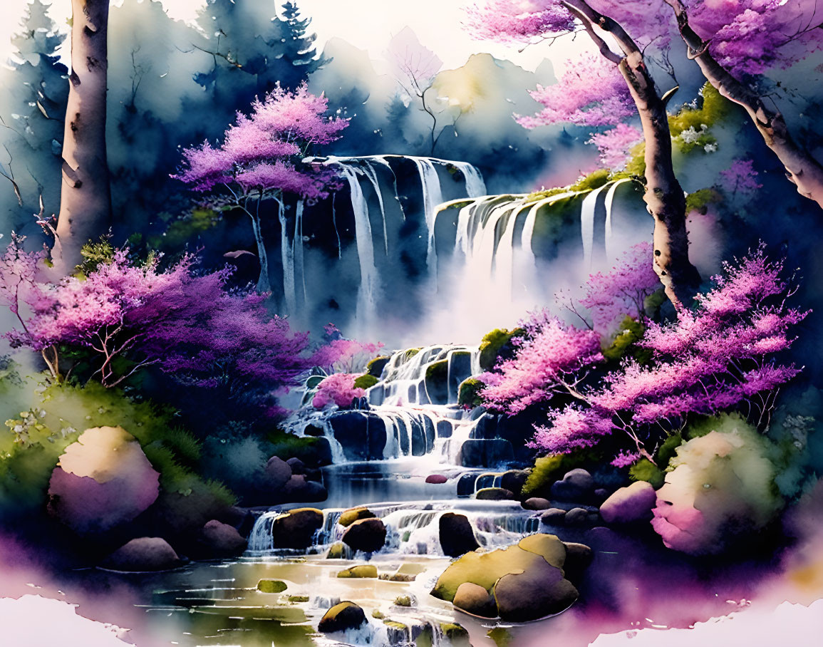 Tranquil waterfall scene with pink trees and misty forest