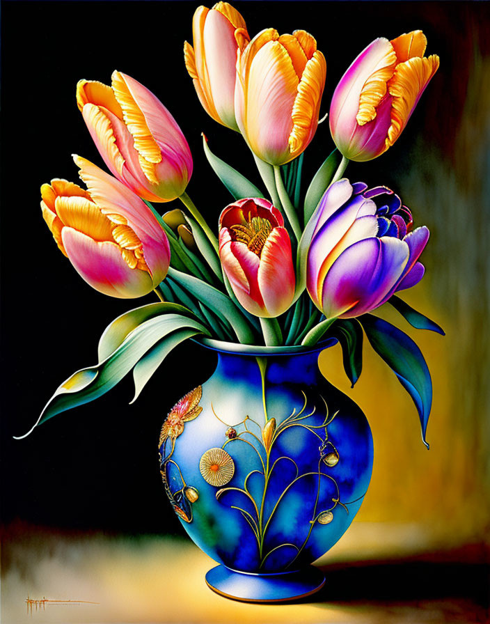 Colorful tulips in pink and yellow, displayed in a blue vase with gold details on a dark