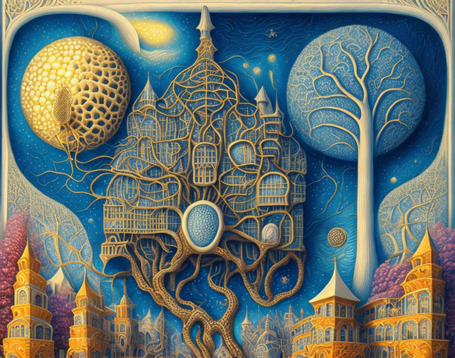 Fantastical surreal illustration of cosmic tree and whimsical cityscape