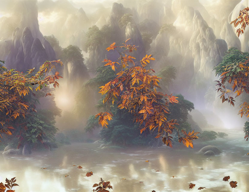 Autumn trees, serene water, foggy mountains in misty landscape