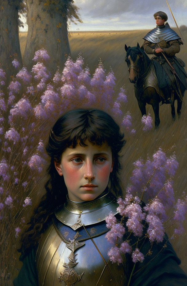 Young woman in medieval armor among purple flowers with knight on horseback in dusky evening landscape