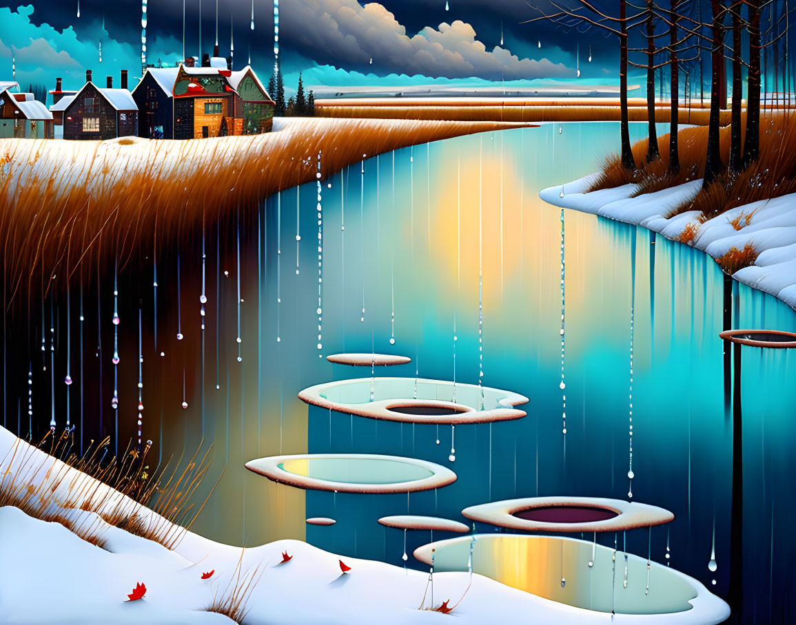 Vibrant surreal winter landscape with icy water and whimsical houses