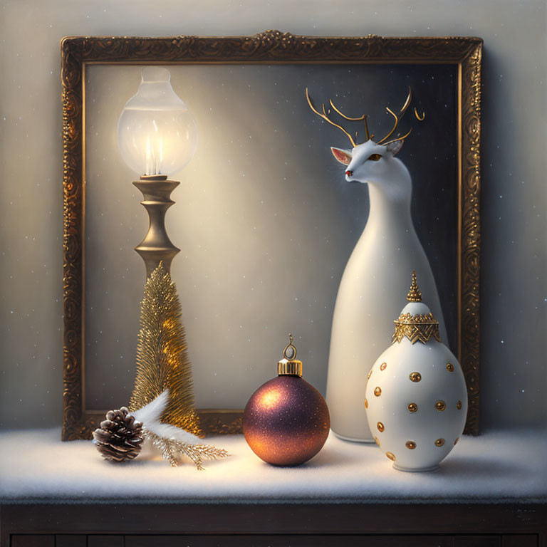 Whimsical still life featuring lantern, golden tree, pinecone, baubles, and stag