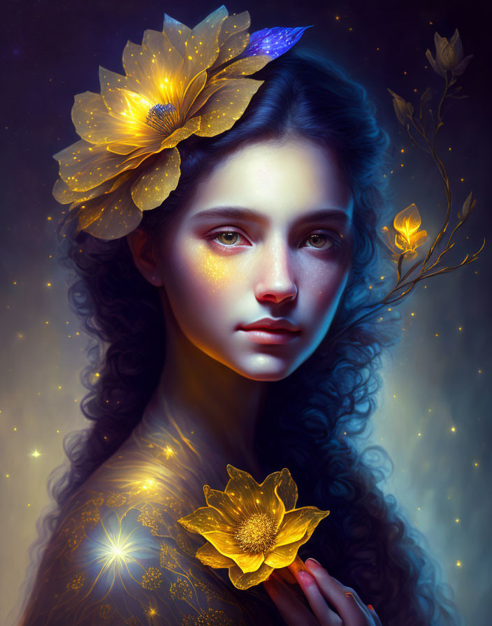 Woman with golden flowers and leaves in magical portrait.