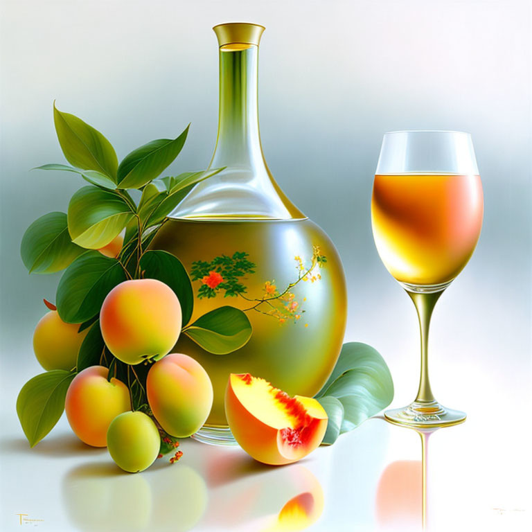 Golden bottle, ripe peaches, glass of amber liquid in still life painting