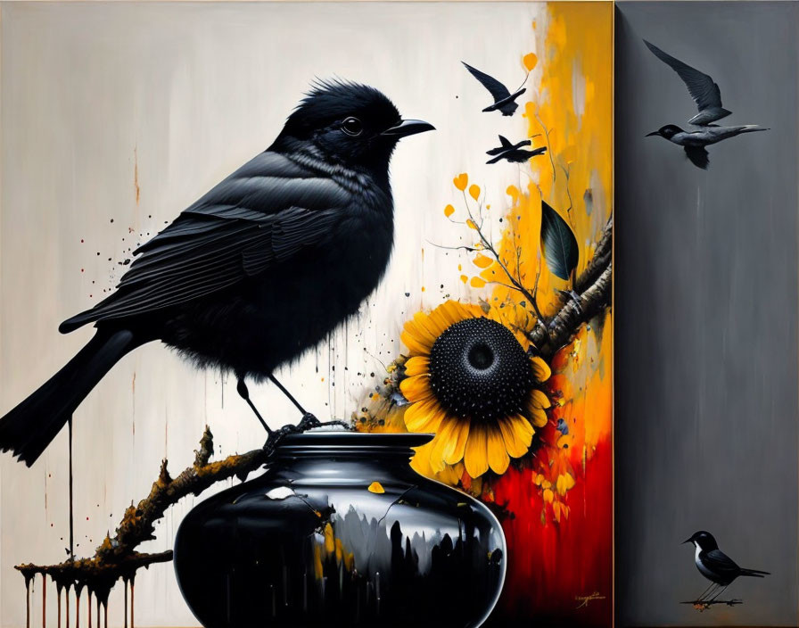 Vivid painting featuring black bird, sunflowers, and flying birds