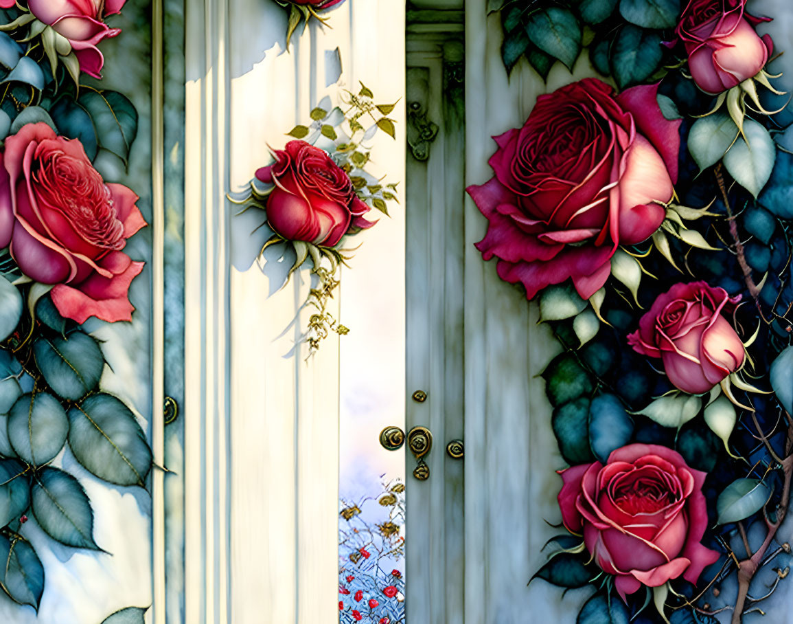 White door framed by pink roses and green leaves with handle - hidden garden theme