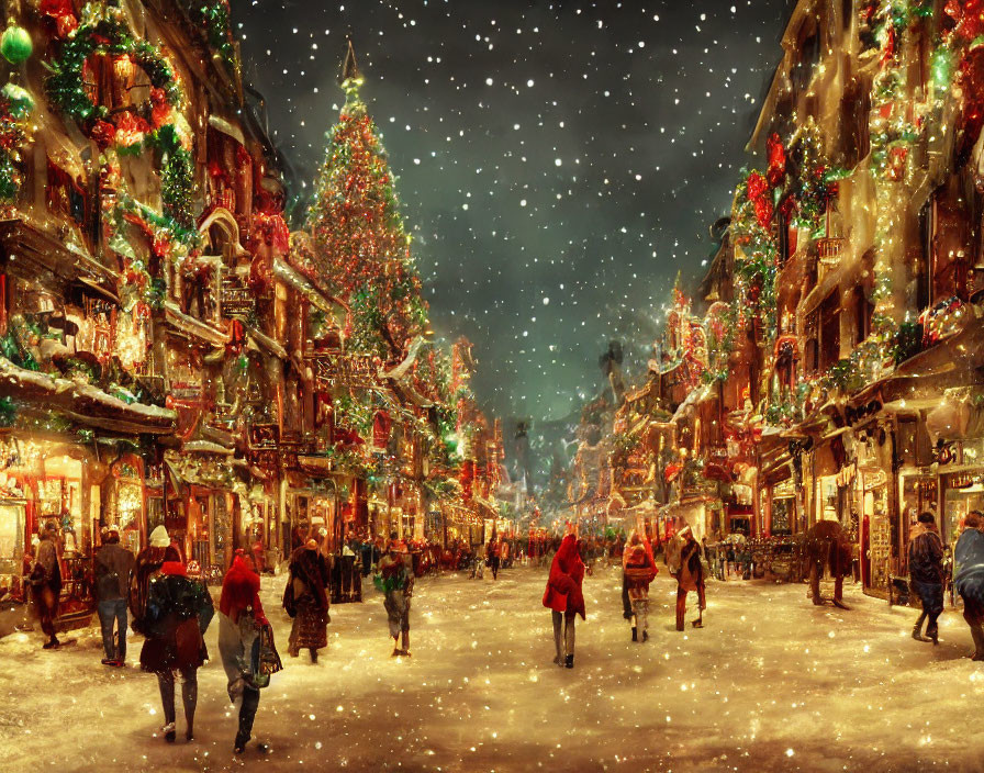 Festive holiday street scene with Christmas decorations and snowfall