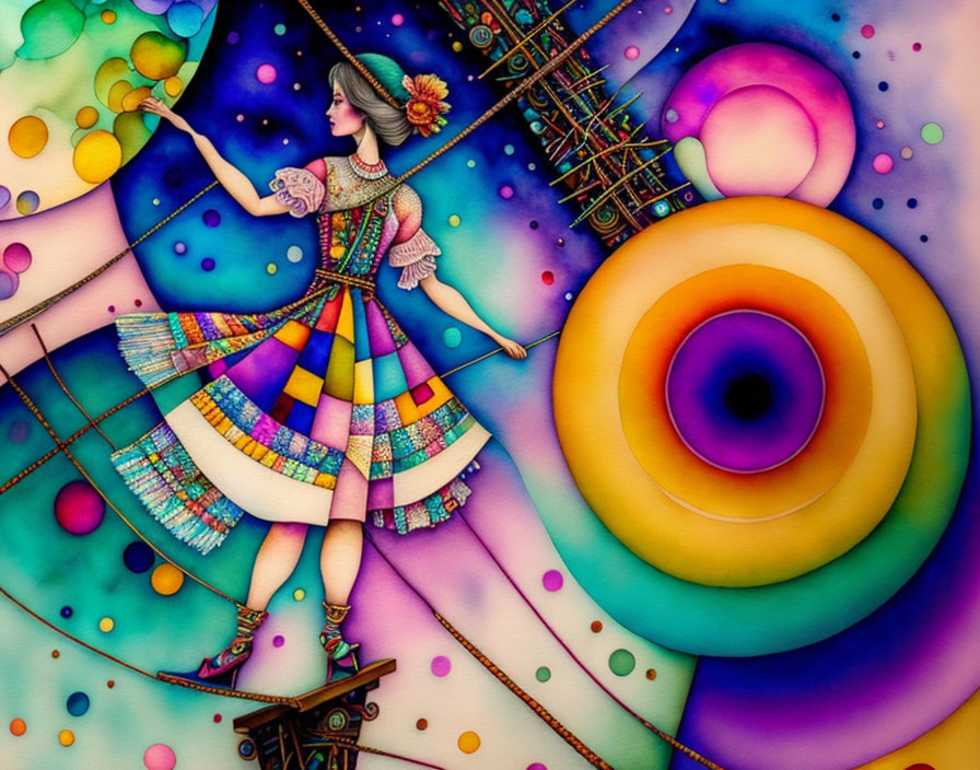 Colorful surreal artwork: Woman on tightrope amidst abstract shapes