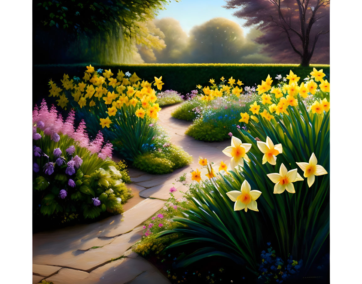 Colorful garden path with blooming daffodils, lavender, and assorted flowers under sunlight.