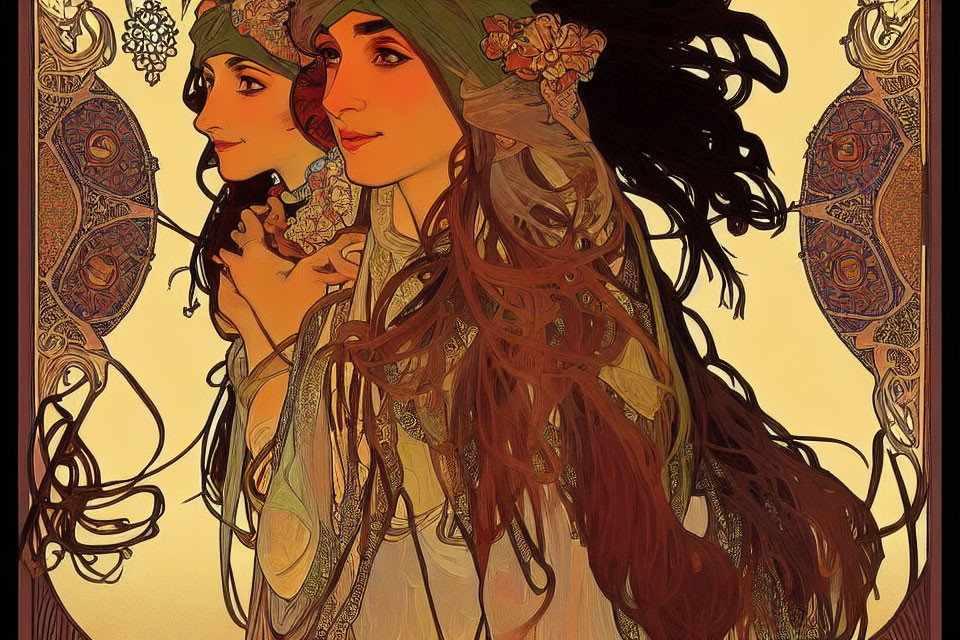 Art Nouveau Style Illustration of Two Women with Flowing Hair