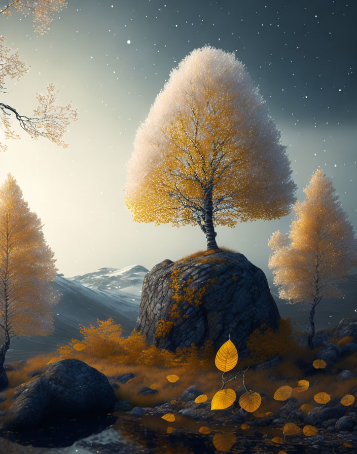 Solitary tree with vibrant yellow leaves on large rock in serene landscape