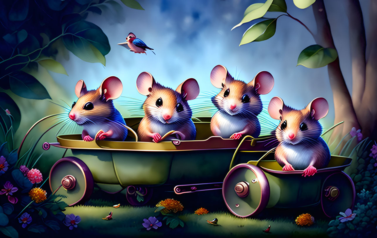 Four animated mice in toy wagon in whimsical forest with bird and flowers