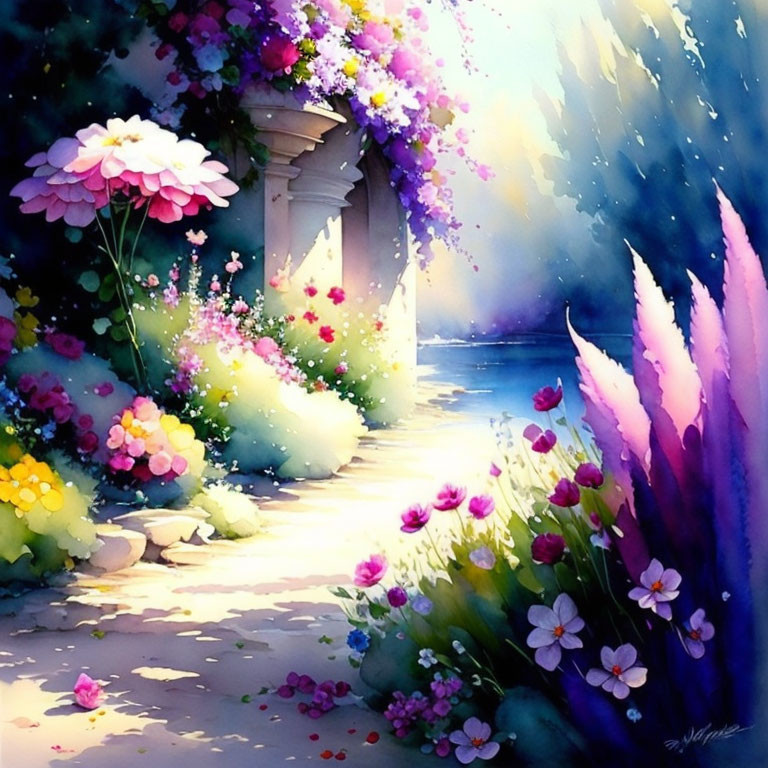 Colorful Watercolor Garden with Flowers, Stone Path, and Archway