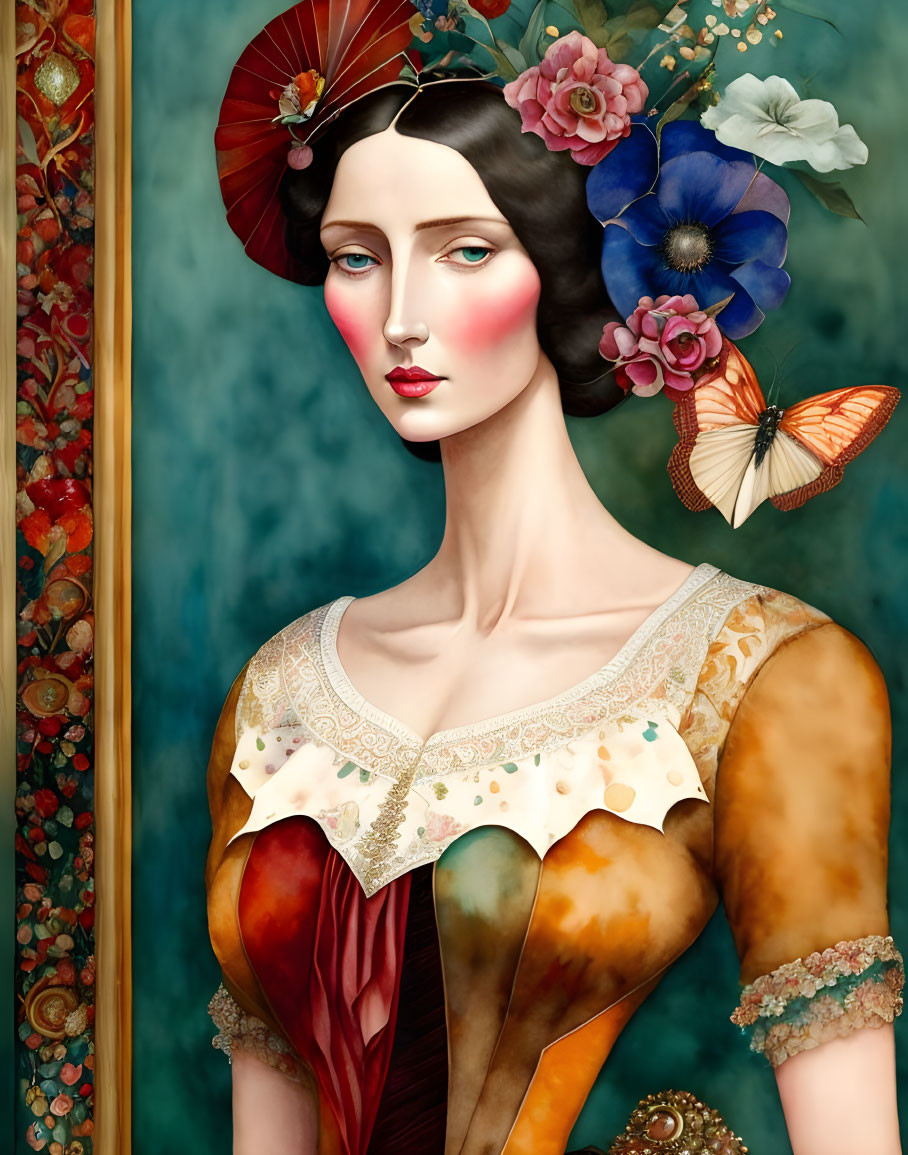 Vintage style woman illustration with flushed cheeks, fan, flowers, and butterfly on decorative backdrop.