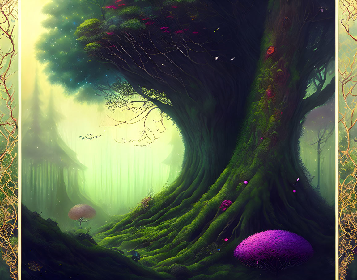 Enchanting forest scene with giant tree, lush greenery, floating lights, small hut, birds