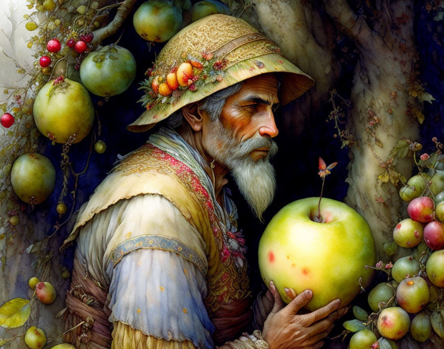 Elderly man with fruit hat holding apple in lush setting