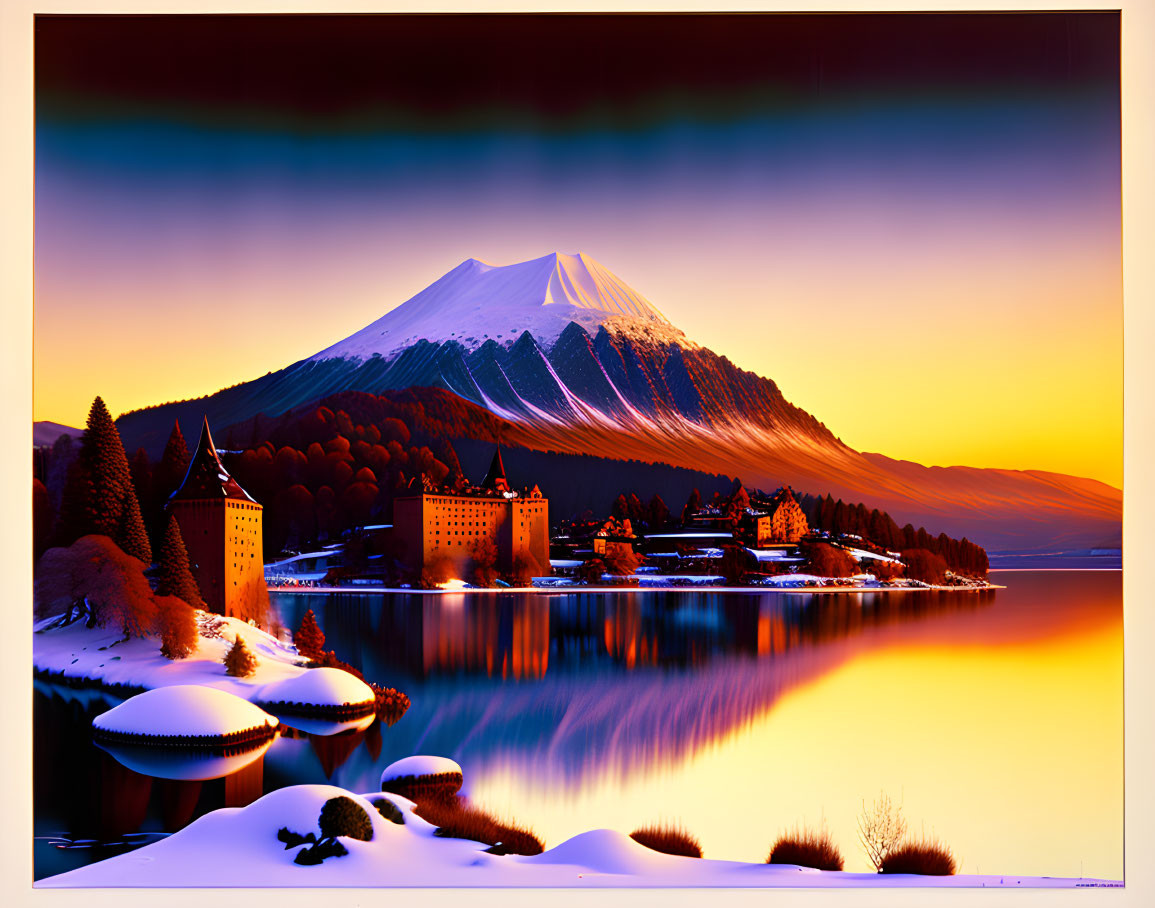 Snow-Capped Mountain Sunset Over Lake and Castle