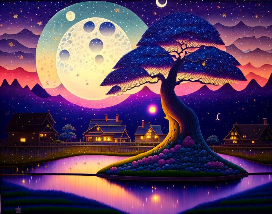 Colorful night scene with illuminated houses, large tree, starry sky, and crescent moon.