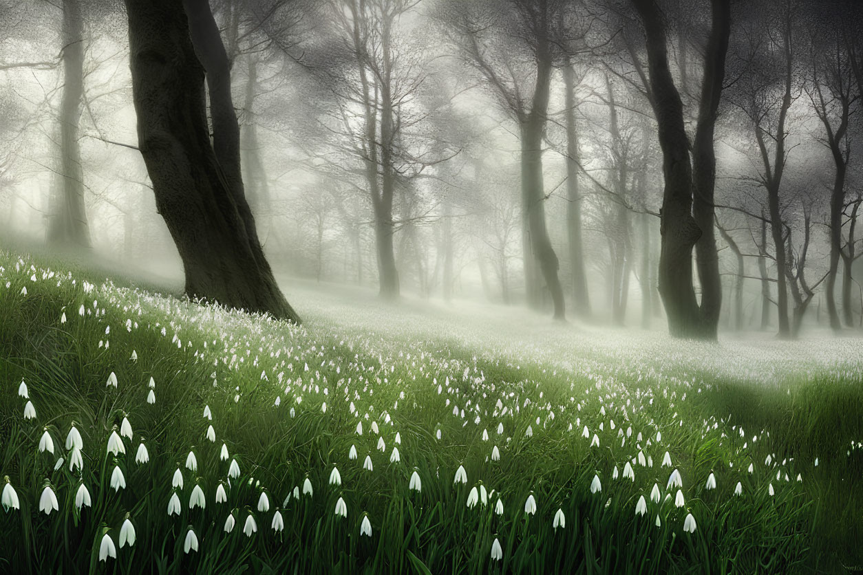 Tranquil forest scene with white wildflowers and misty ambiance