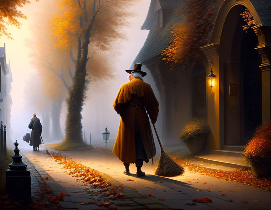 Person with broom on foggy autumn street with trees and distant figure