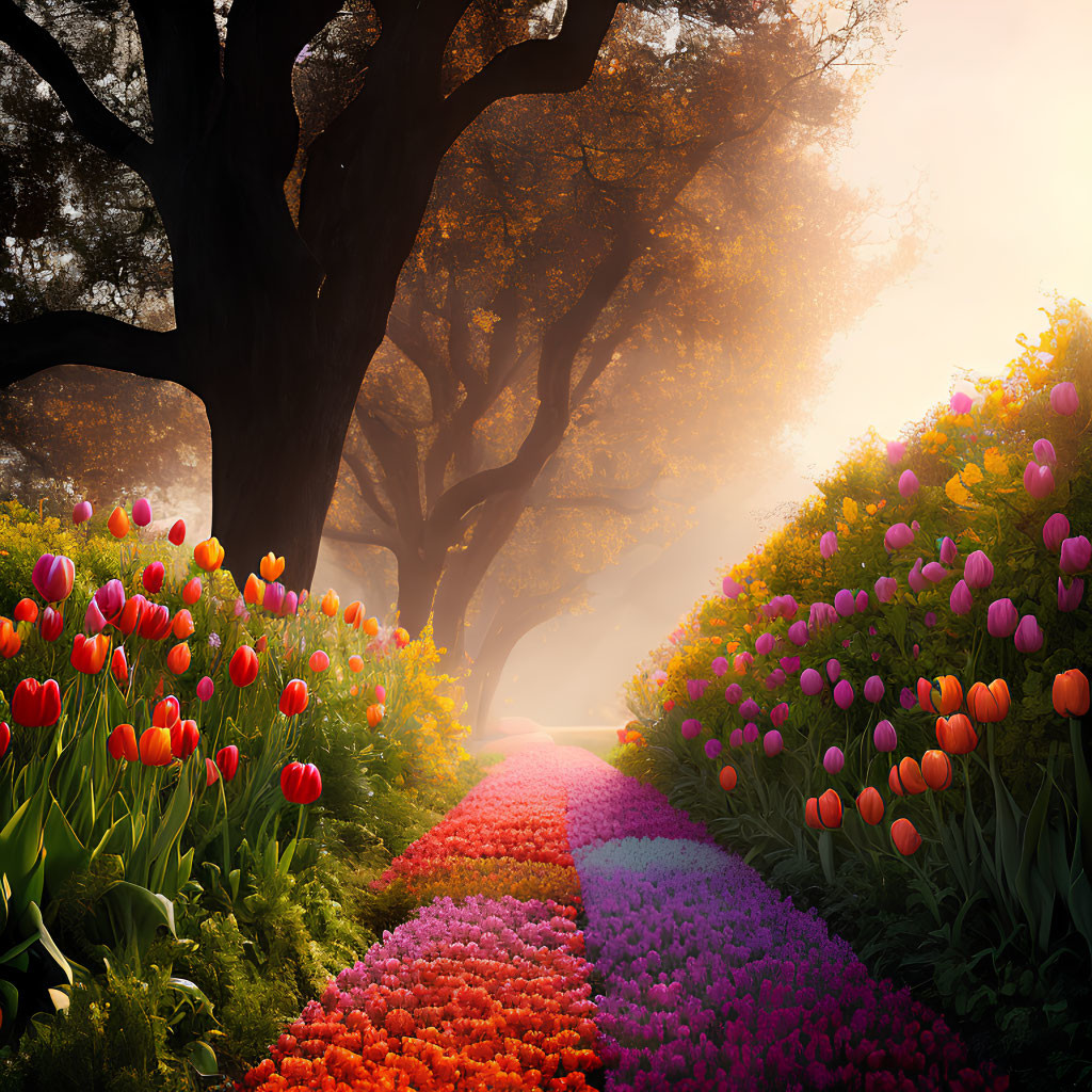 Tranquil garden pathway with vibrant tulips and sunlight filtering through trees