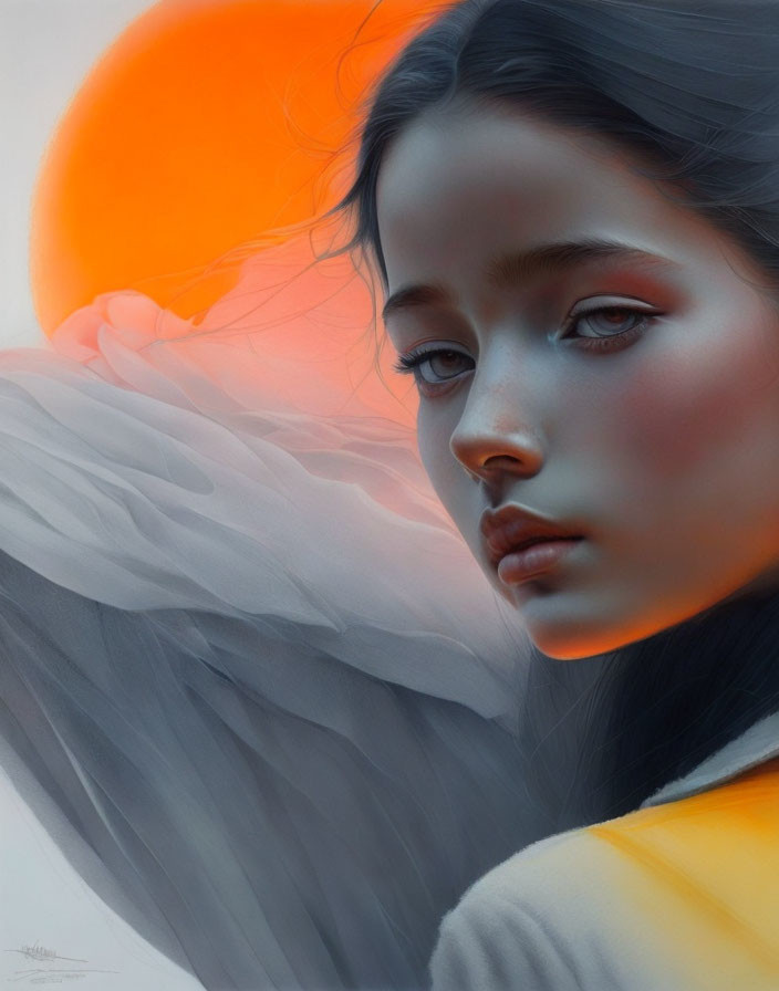 Digital portrait of serene woman with orange sun backdrop and soft grey tones.