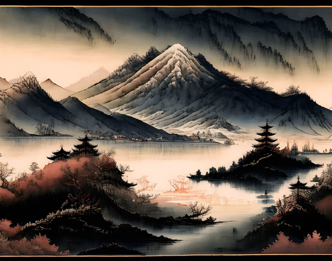 Traditional Asian Ink Wash Painting of Misty Mountains, Lake, Pagodas, Pine Trees, Red